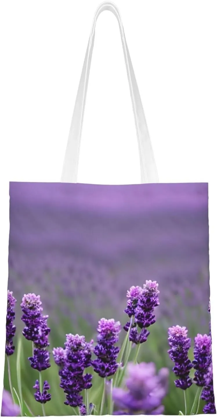 Purple Lavender Colored Flowers Print Canvas Tote Bag Reusable Shoulder Shopping Bags For Daily Use Shopping Travel