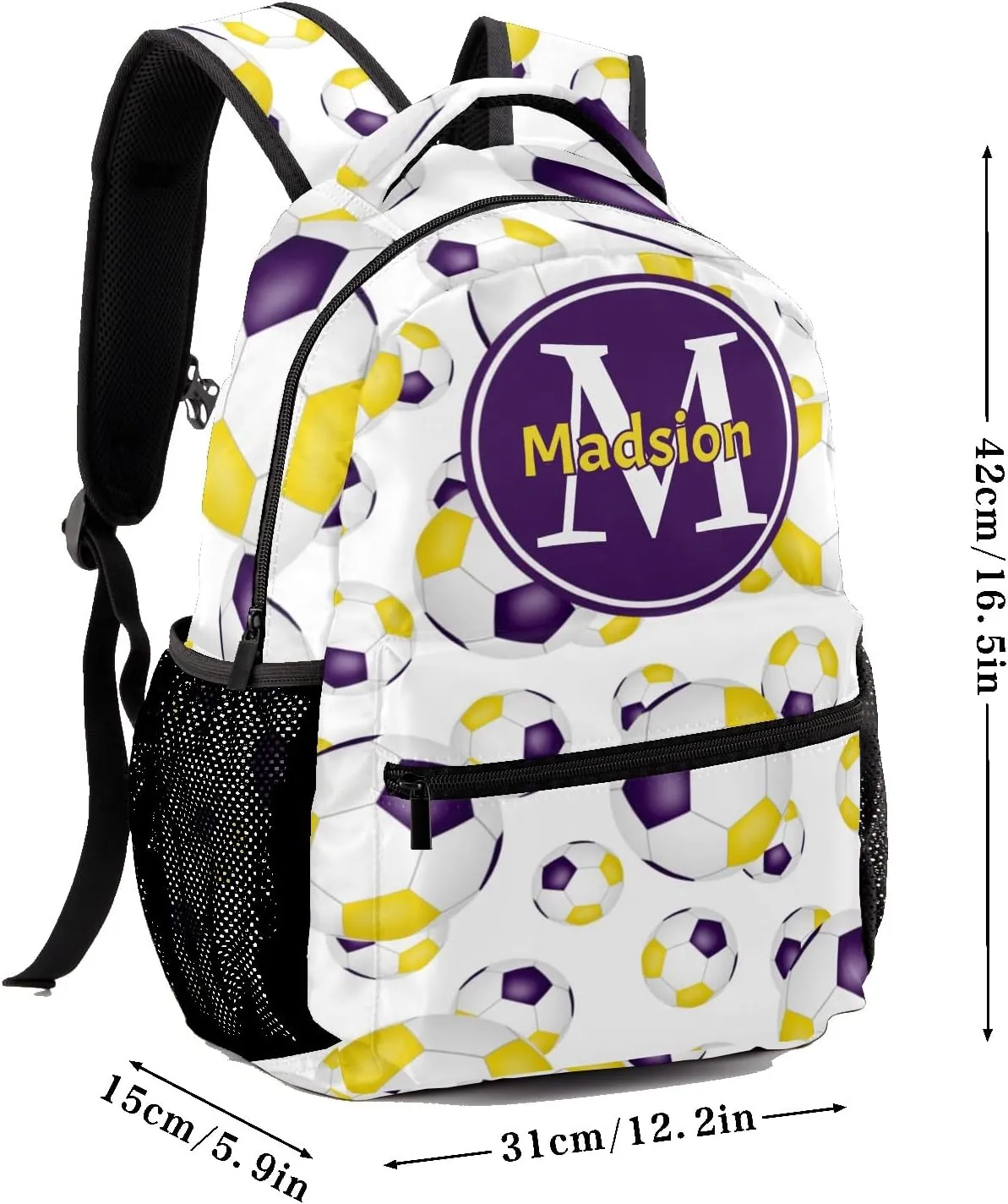 Purple Soccer Balls Personalized Kids School Backpack Custom for Boys Girls Primary Daypack School Bookbag Travel Bag