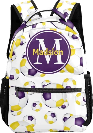 Purple Soccer Balls Personalized Kids School Backpack Custom for Boys Girls Primary Daypack School Bookbag Travel Bag