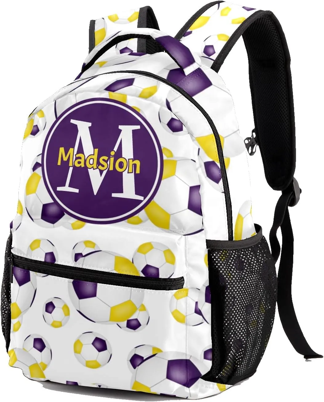 Purple Soccer Balls Personalized Kids School Backpack Custom for Boys Girls Primary Daypack School Bookbag Travel Bag