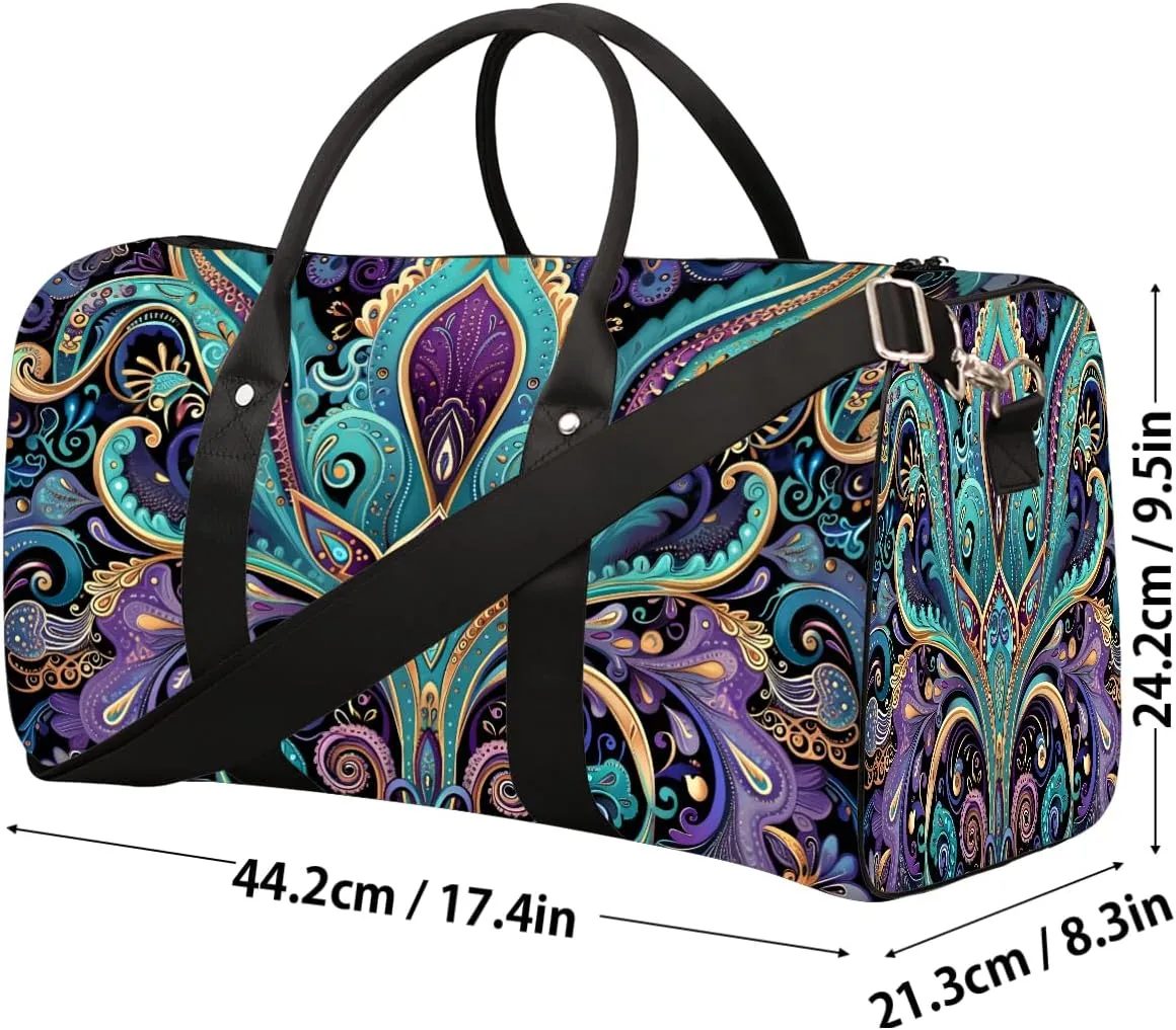 Purple Turquoise Paisley Travel Duffel Bag for Women Men Small Sport Gym Bag Waterproof Weekender Overnight Bag Lightweight Carry on bag Foldable Gym Bag for Training Swim Yoga Traveling Handbag