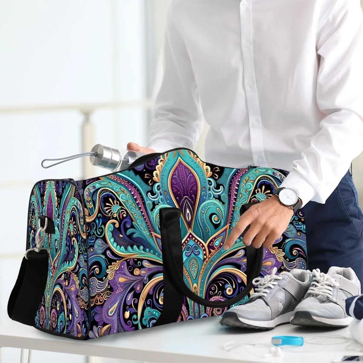Purple Turquoise Paisley Travel Duffel Bag for Women Men Small Sport Gym Bag Waterproof Weekender Overnight Bag Lightweight Carry on bag Foldable Gym Bag for Training Swim Yoga Traveling Handbag