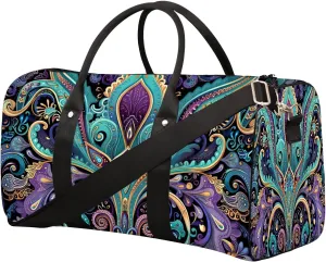 Purple Turquoise Paisley Travel Duffel Bag for Women Men Small Sport Gym Bag Waterproof Weekender Overnight Bag Lightweight Carry on bag Foldable Gym Bag for Training Swim Yoga Traveling Handbag