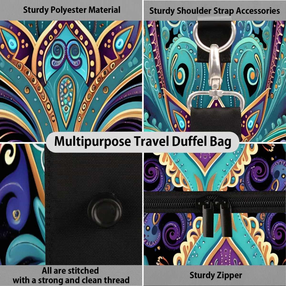 Purple Turquoise Paisley Travel Duffel Bag for Women Men Small Sport Gym Bag Waterproof Weekender Overnight Bag Lightweight Carry on bag Foldable Gym Bag for Training Swim Yoga Traveling Handbag