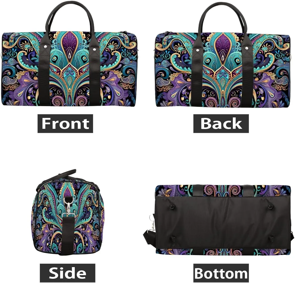 Purple Turquoise Paisley Travel Duffel Bag for Women Men Small Sport Gym Bag Waterproof Weekender Overnight Bag Lightweight Carry on bag Foldable Gym Bag for Training Swim Yoga Traveling Handbag
