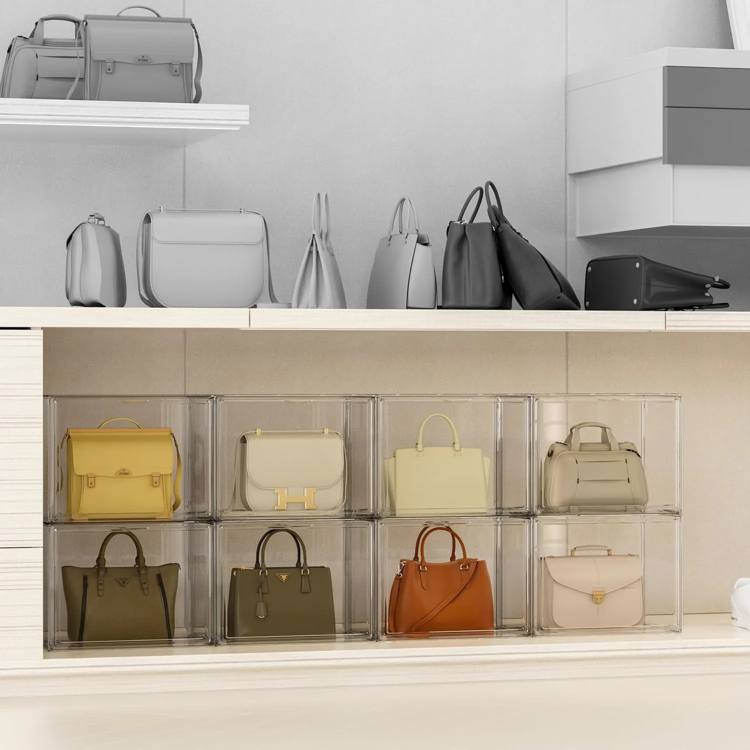 Purse Organizer for Closet, Clear Acrylic Display Case for Handbag Organizer, Stackable Purse Storage Box with Magnetic Door, Plastic Holder Containers for Book, Collectibles, Cosmetic 3 Pack