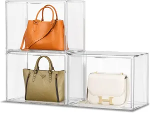 Purse Organizer for Closet, Clear Acrylic Display Case for Handbag Organizer, Stackable Purse Storage Box with Magnetic Door, Plastic Holder Containers for Book, Collectibles, Cosmetic 3 Pack