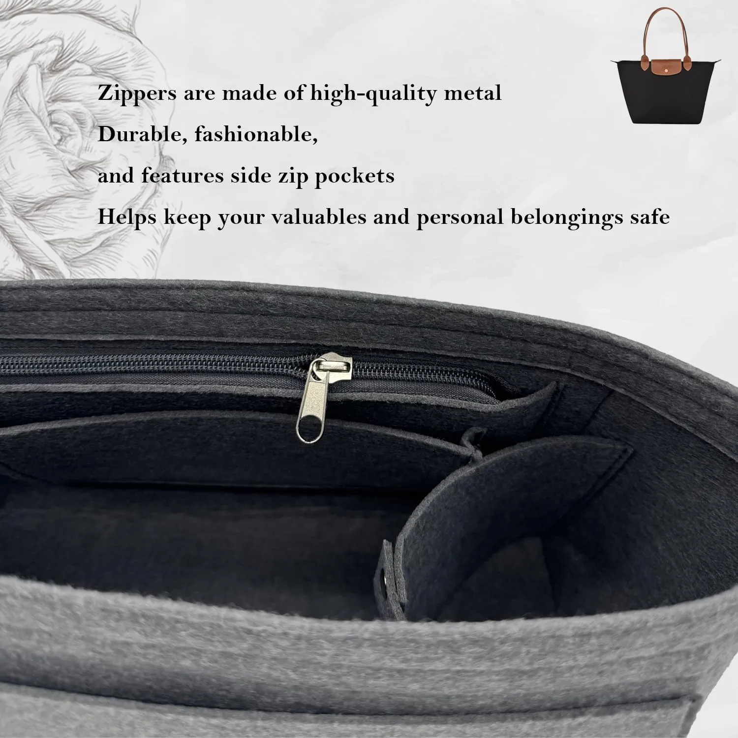 Purse Organizer Insert, Bag Organizer for Le Pliage, Handbags Organizer Insert (Grey, Medium)