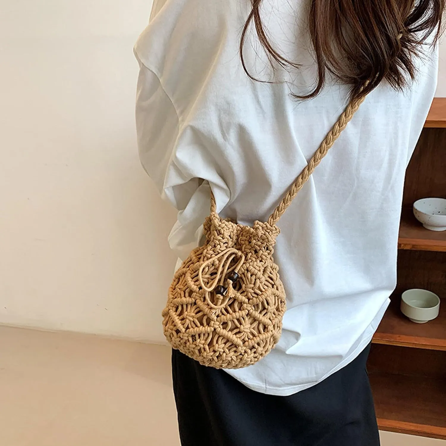 Purses for Women Ladies Crossbody Bag Literary Single Shoulder Vintage Cotton Woven Drawstring Fresh Beach Bag