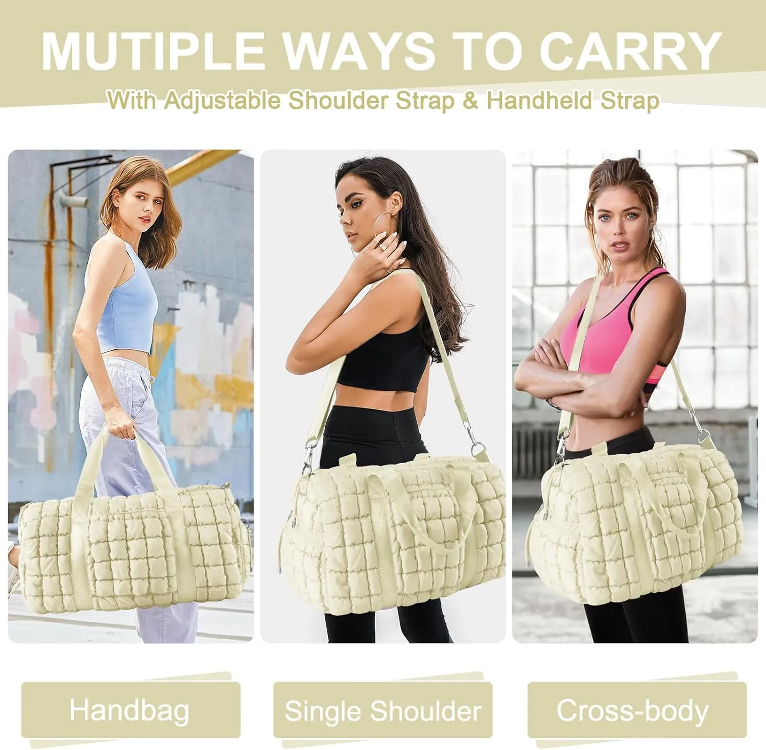 Quilted Gym Bag Duffle for Women,Duffle Bag for Travel with Shoes Compartment,Puffer Weekender Bag Overnight Carry On Duffel Bag with Trolley Sleeve for Airplanes,Personal Item Sports Dance Bag(Beige)