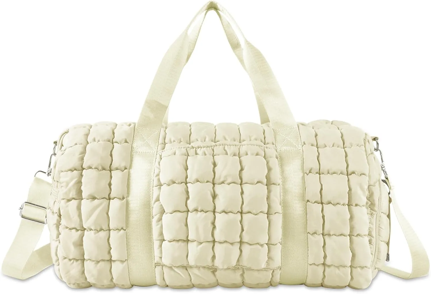 Quilted Gym Bag Duffle for Women,Duffle Bag for Travel with Shoes Compartment,Puffer Weekender Bag Overnight Carry On Duffel Bag with Trolley Sleeve for Airplanes,Personal Item Sports Dance Bag(Beige)