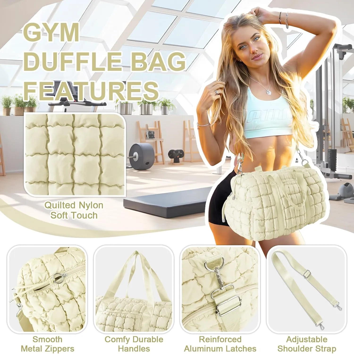 Quilted Gym Bag Duffle for Women,Duffle Bag for Travel with Shoes Compartment,Puffer Weekender Bag Overnight Carry On Duffel Bag with Trolley Sleeve for Airplanes,Personal Item Sports Dance Bag(Beige)