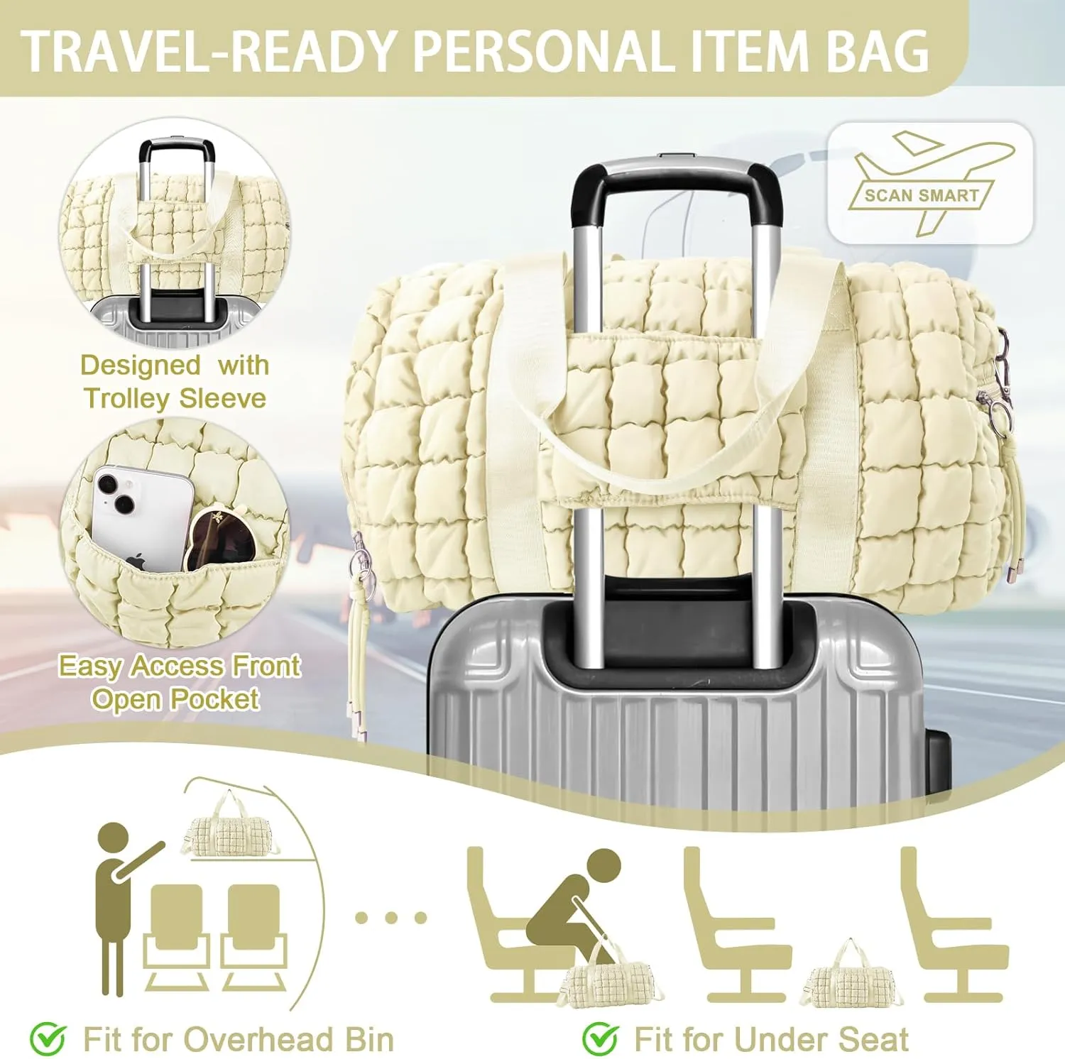 Quilted Gym Bag Duffle for Women,Duffle Bag for Travel with Shoes Compartment,Puffer Weekender Bag Overnight Carry On Duffel Bag with Trolley Sleeve for Airplanes,Personal Item Sports Dance Bag(Beige)