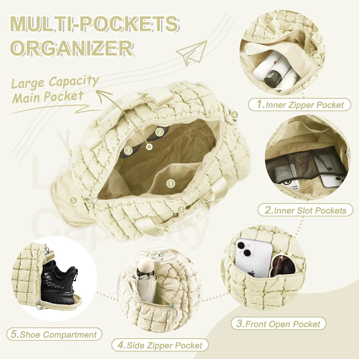 Quilted Gym Bag Duffle for Women,Duffle Bag for Travel with Shoes Compartment,Puffer Weekender Bag Overnight Carry On Duffel Bag with Trolley Sleeve for Airplanes,Personal Item Sports Dance Bag(Beige)