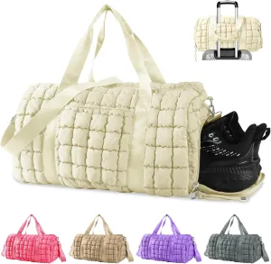 Quilted Gym Bag Duffle for Women,Duffle Bag for Travel with Shoes Compartment,Puffer Weekender Bag Overnight Carry On Duffel Bag with Trolley Sleeve for Airplanes,Personal Item Sports Dance Bag(Beige)
