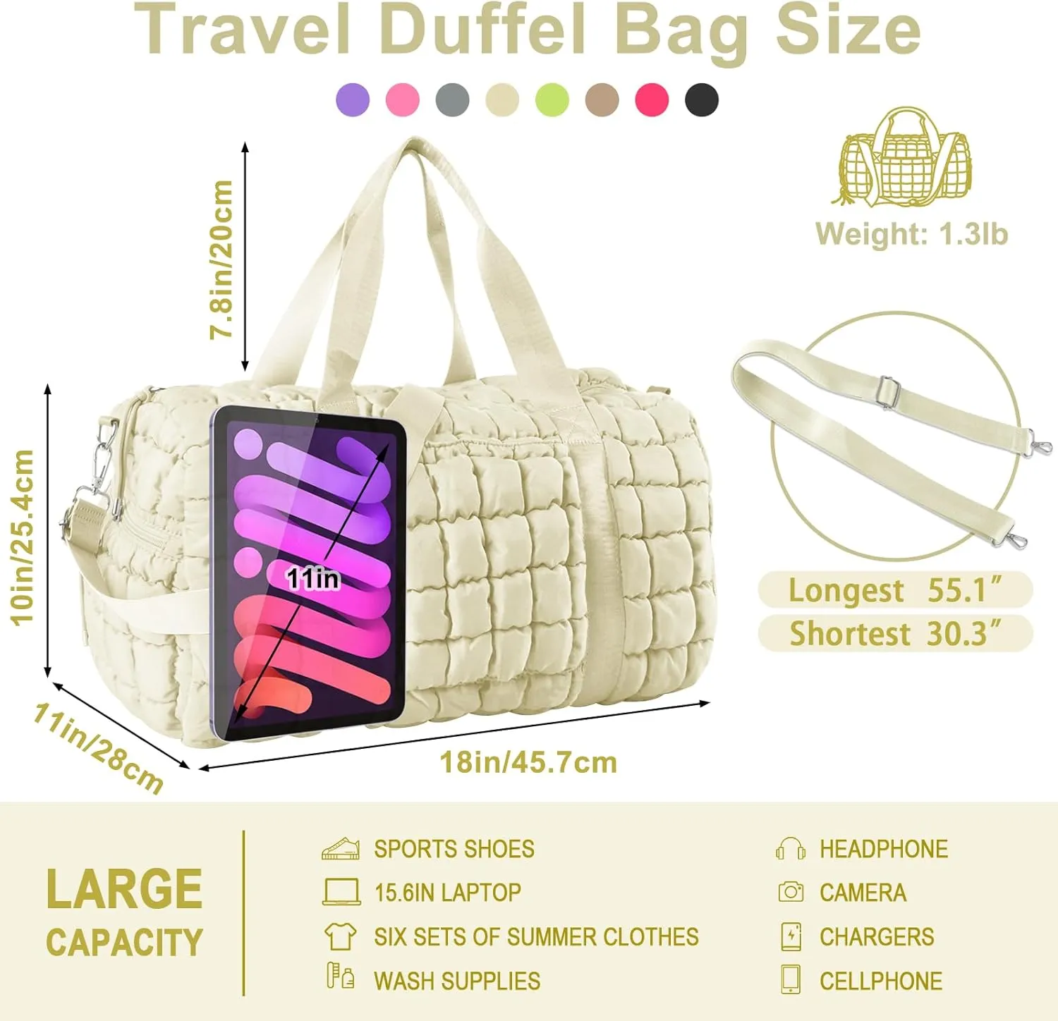 Quilted Gym Bag Duffle for Women,Duffle Bag for Travel with Shoes Compartment,Puffer Weekender Bag Overnight Carry On Duffel Bag with Trolley Sleeve for Airplanes,Personal Item Sports Dance Bag(Beige)