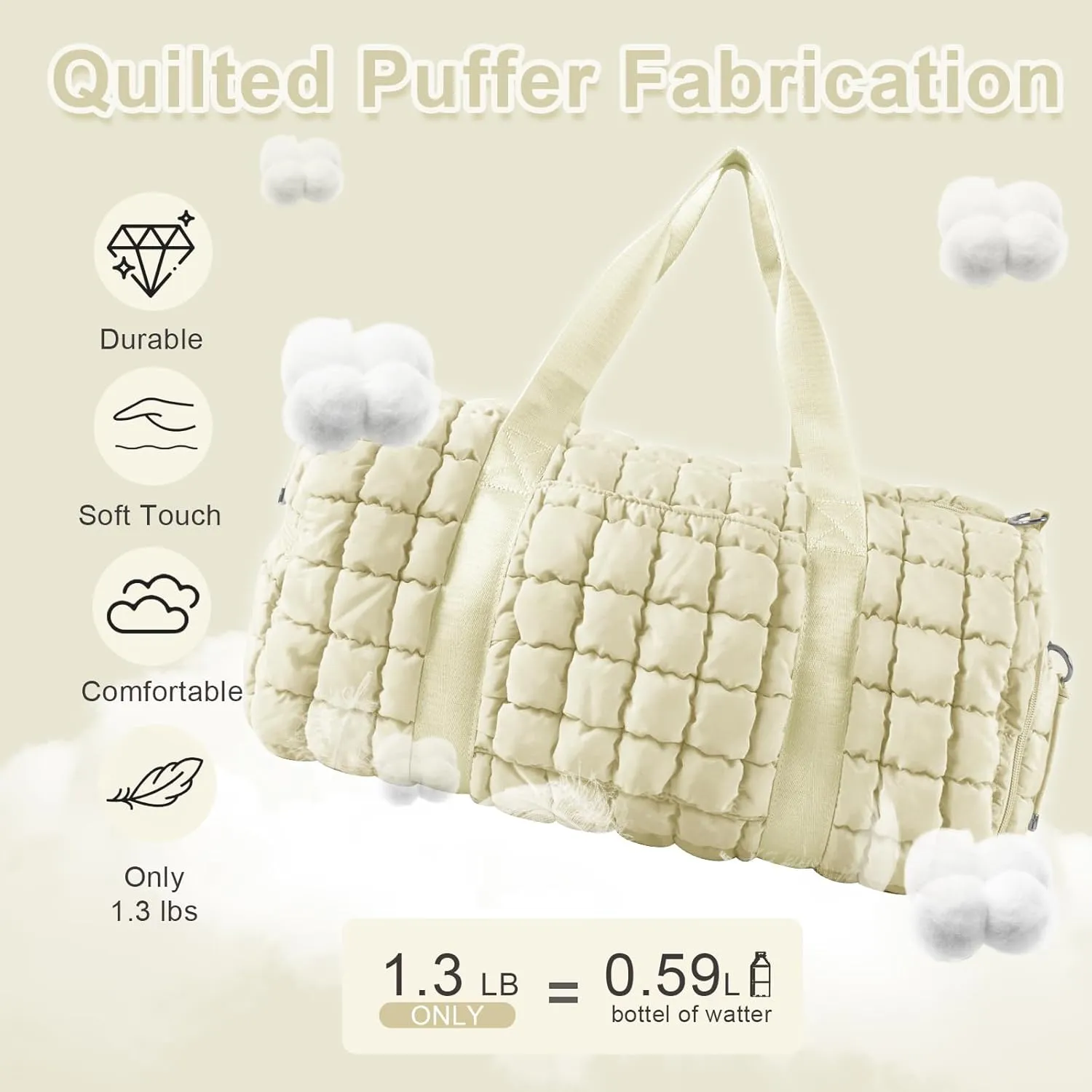 Quilted Gym Bag Duffle for Women,Duffle Bag for Travel with Shoes Compartment,Puffer Weekender Bag Overnight Carry On Duffel Bag with Trolley Sleeve for Airplanes,Personal Item Sports Dance Bag(Beige)