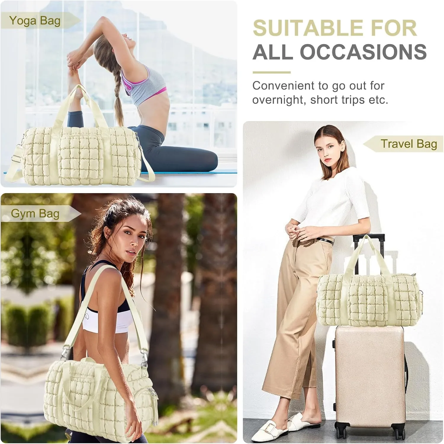 Quilted Gym Bag Duffle for Women,Duffle Bag for Travel with Shoes Compartment,Puffer Weekender Bag Overnight Carry On Duffel Bag with Trolley Sleeve for Airplanes,Personal Item Sports Dance Bag(Beige)