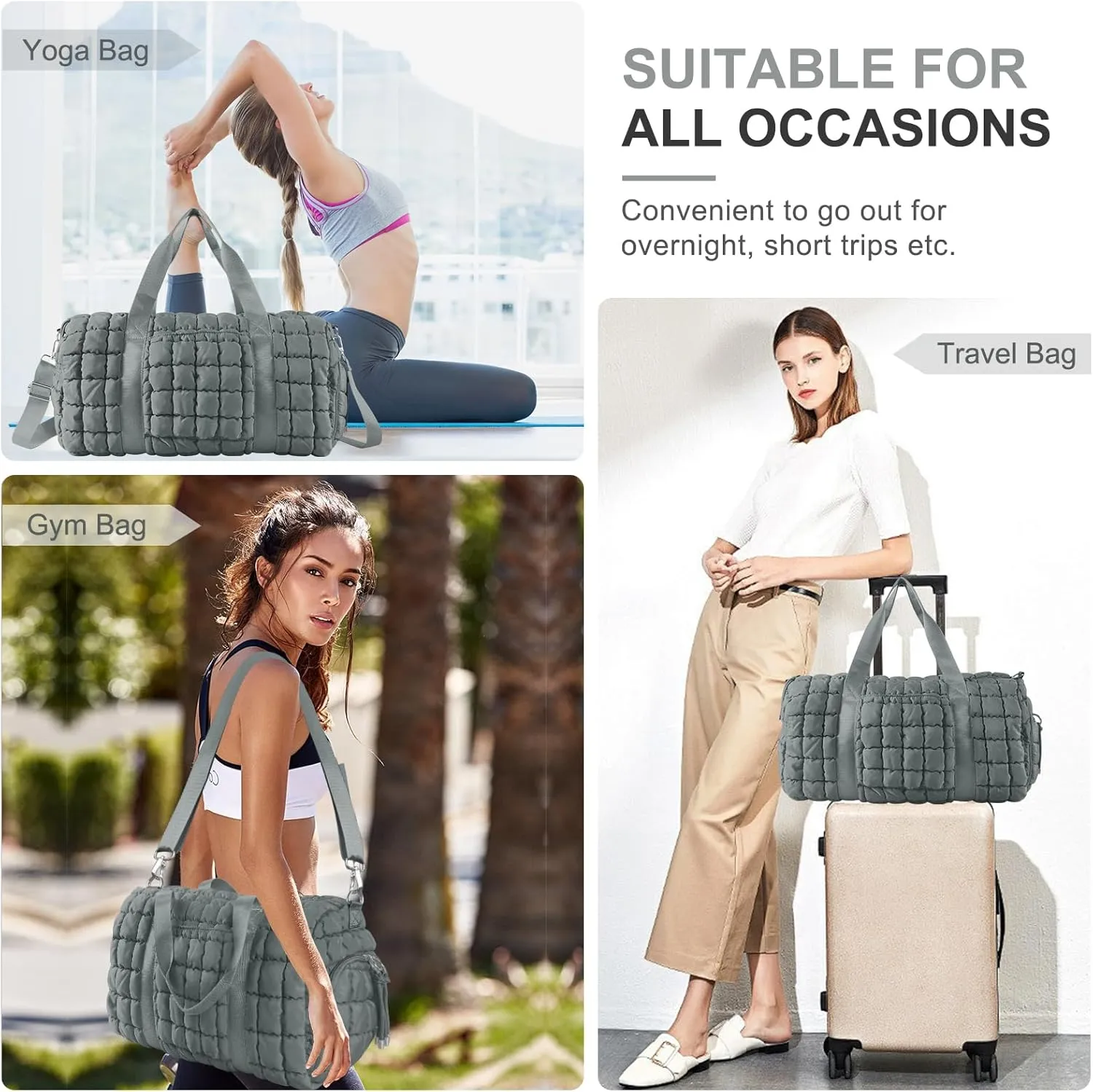 Quilted Gym Bag Duffle for Women,Duffle Bag for Travel with Shoes Compartment,Puffer Weekender Bags Overnight Carry On Bag with Trolley Sleeve for Airplanes,Personal Item Sports Duffel Dance Bag(Grey)