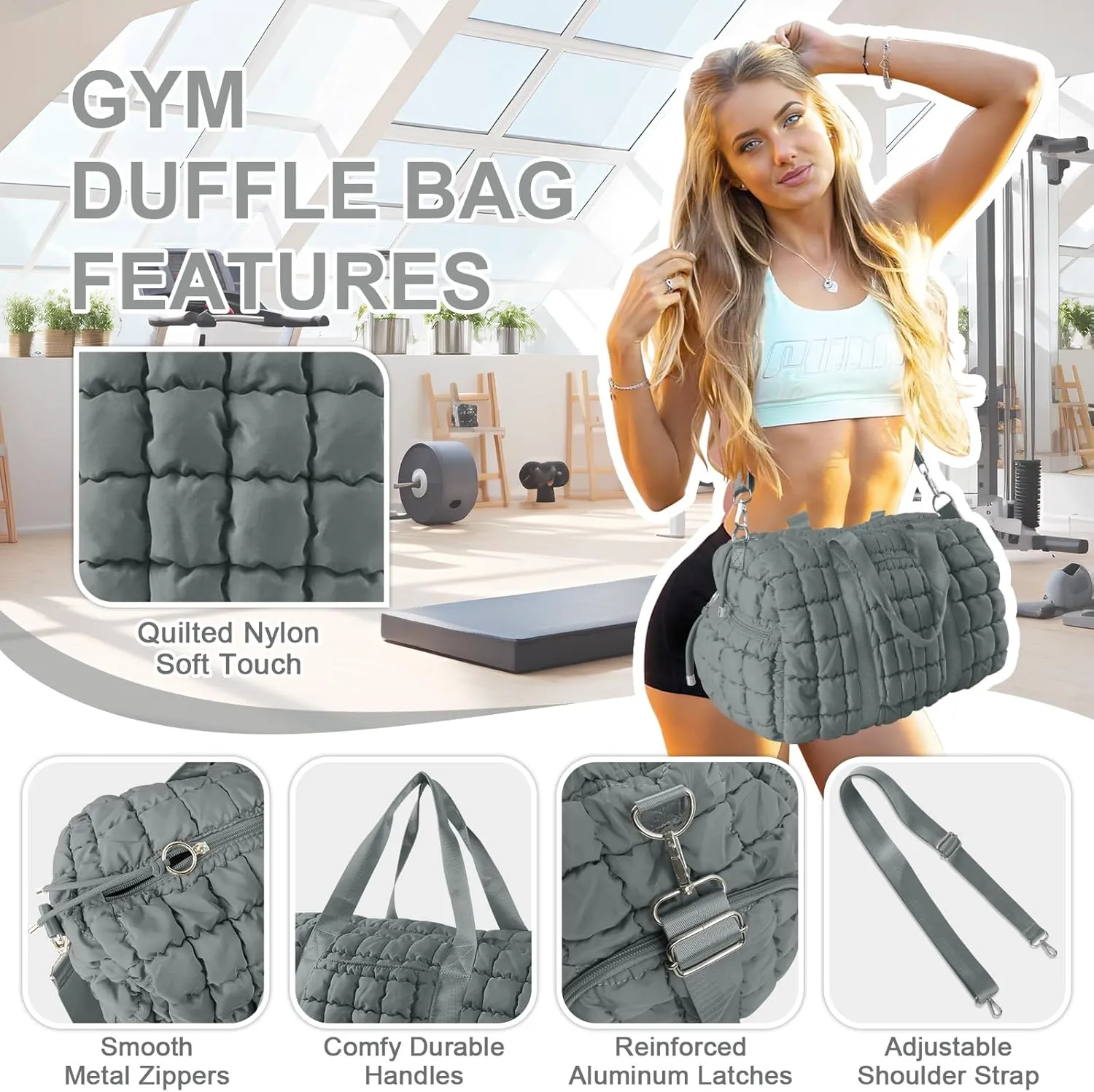 Quilted Gym Bag Duffle for Women,Duffle Bag for Travel with Shoes Compartment,Puffer Weekender Bags Overnight Carry On Bag with Trolley Sleeve for Airplanes,Personal Item Sports Duffel Dance Bag(Grey)