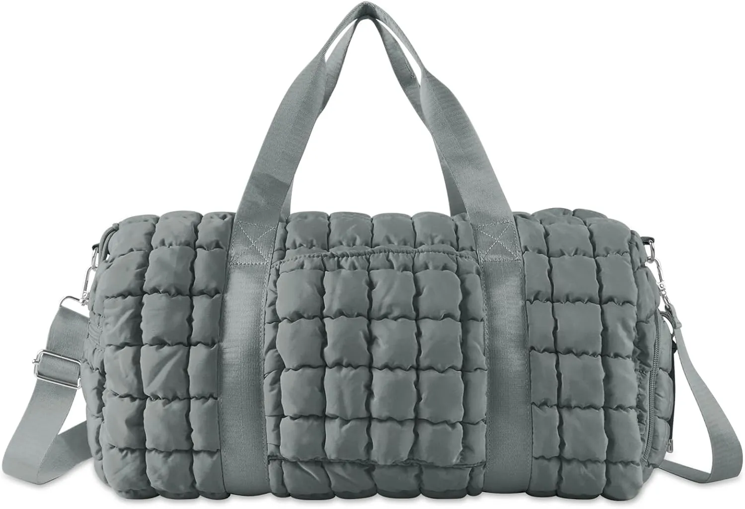 Quilted Gym Bag Duffle for Women,Duffle Bag for Travel with Shoes Compartment,Puffer Weekender Bags Overnight Carry On Bag with Trolley Sleeve for Airplanes,Personal Item Sports Duffel Dance Bag(Grey)