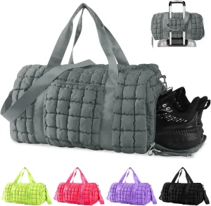 Quilted Gym Bag Duffle for Women,Duffle Bag for Travel with Shoes Compartment,Puffer Weekender Bags Overnight Carry On Bag with Trolley Sleeve for Airplanes,Personal Item Sports Duffel Dance Bag(Grey)