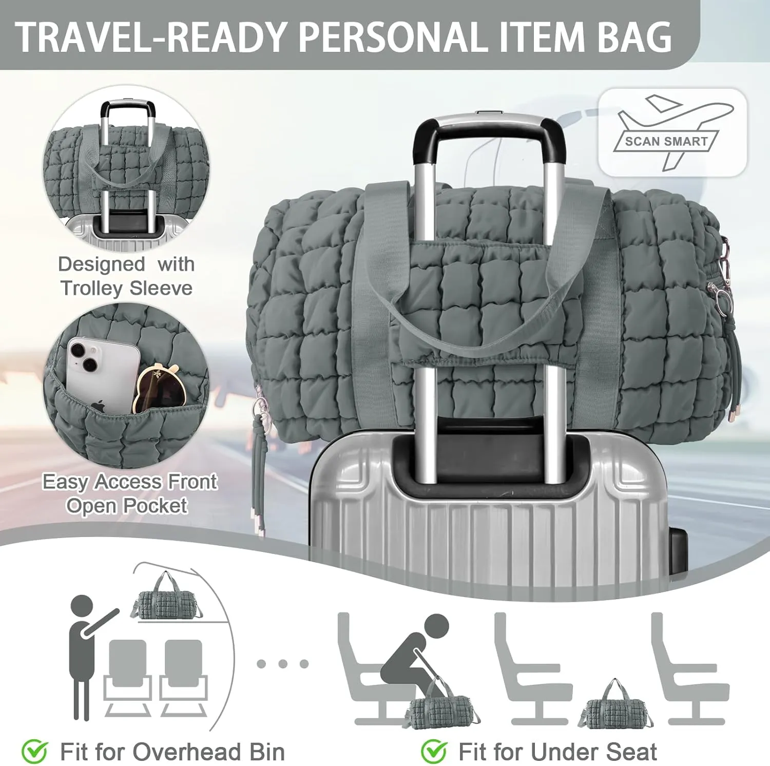 Quilted Gym Bag Duffle for Women,Duffle Bag for Travel with Shoes Compartment,Puffer Weekender Bags Overnight Carry On Bag with Trolley Sleeve for Airplanes,Personal Item Sports Duffel Dance Bag(Grey)