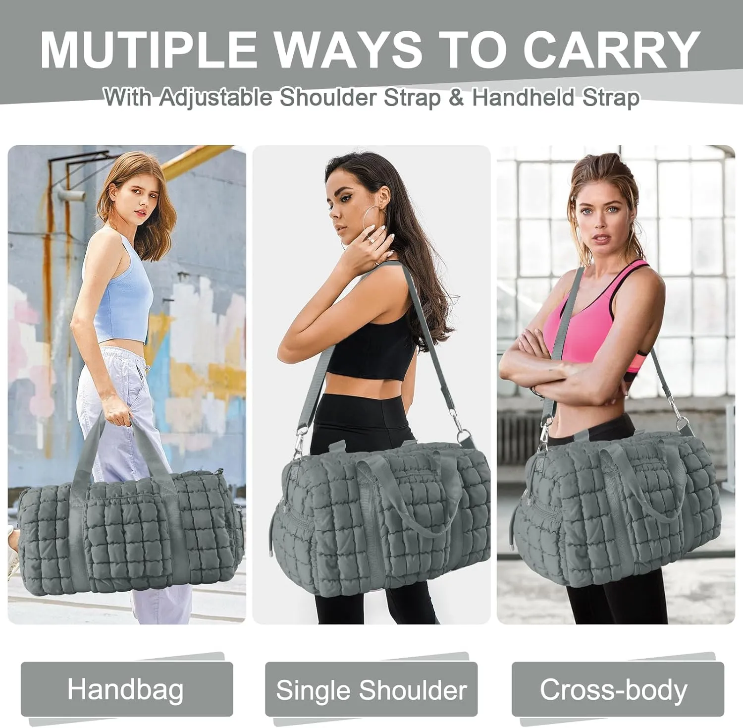 Quilted Gym Bag Duffle for Women,Duffle Bag for Travel with Shoes Compartment,Puffer Weekender Bags Overnight Carry On Bag with Trolley Sleeve for Airplanes,Personal Item Sports Duffel Dance Bag(Grey)