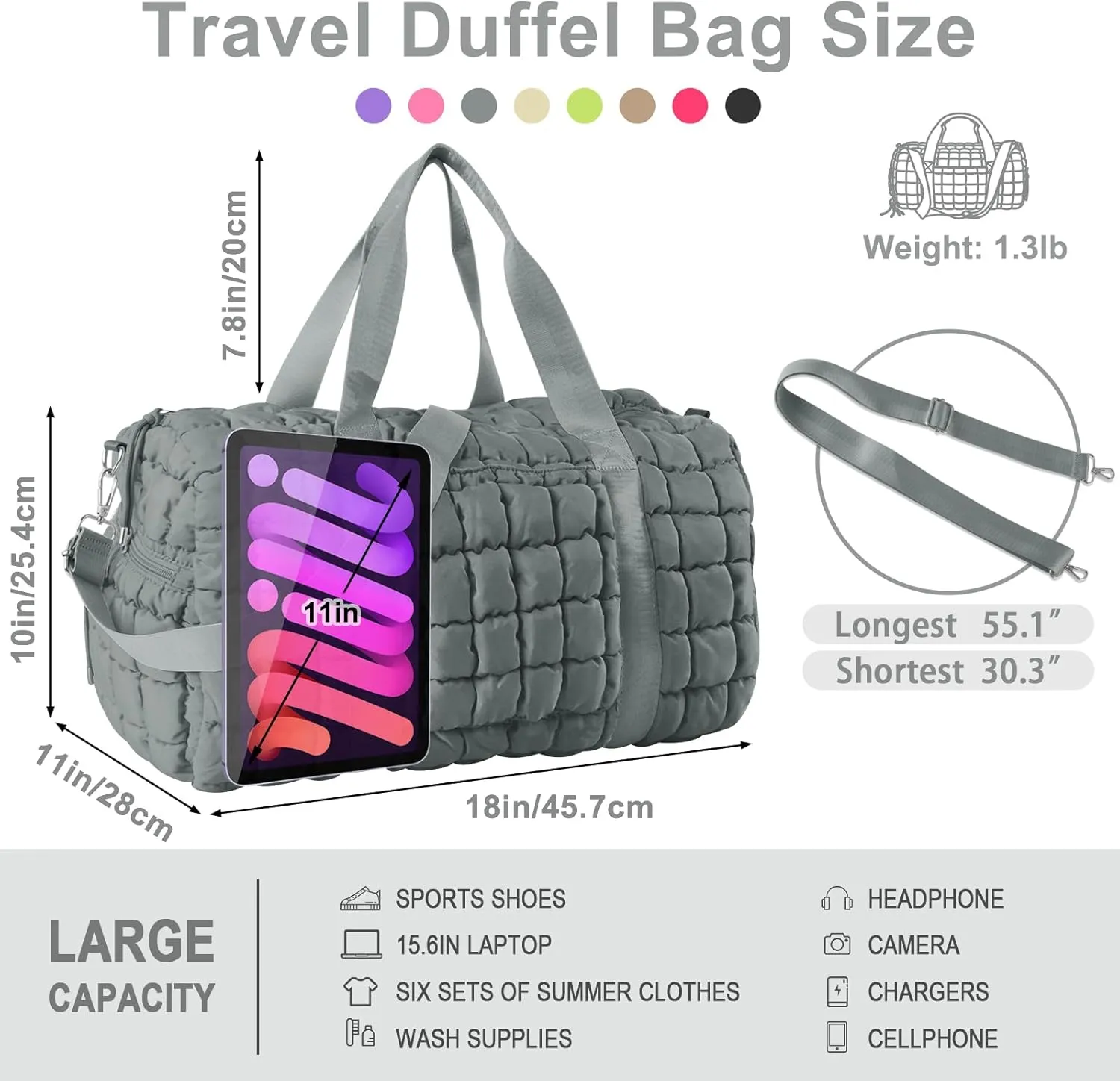 Quilted Gym Bag Duffle for Women,Duffle Bag for Travel with Shoes Compartment,Puffer Weekender Bags Overnight Carry On Bag with Trolley Sleeve for Airplanes,Personal Item Sports Duffel Dance Bag(Grey)