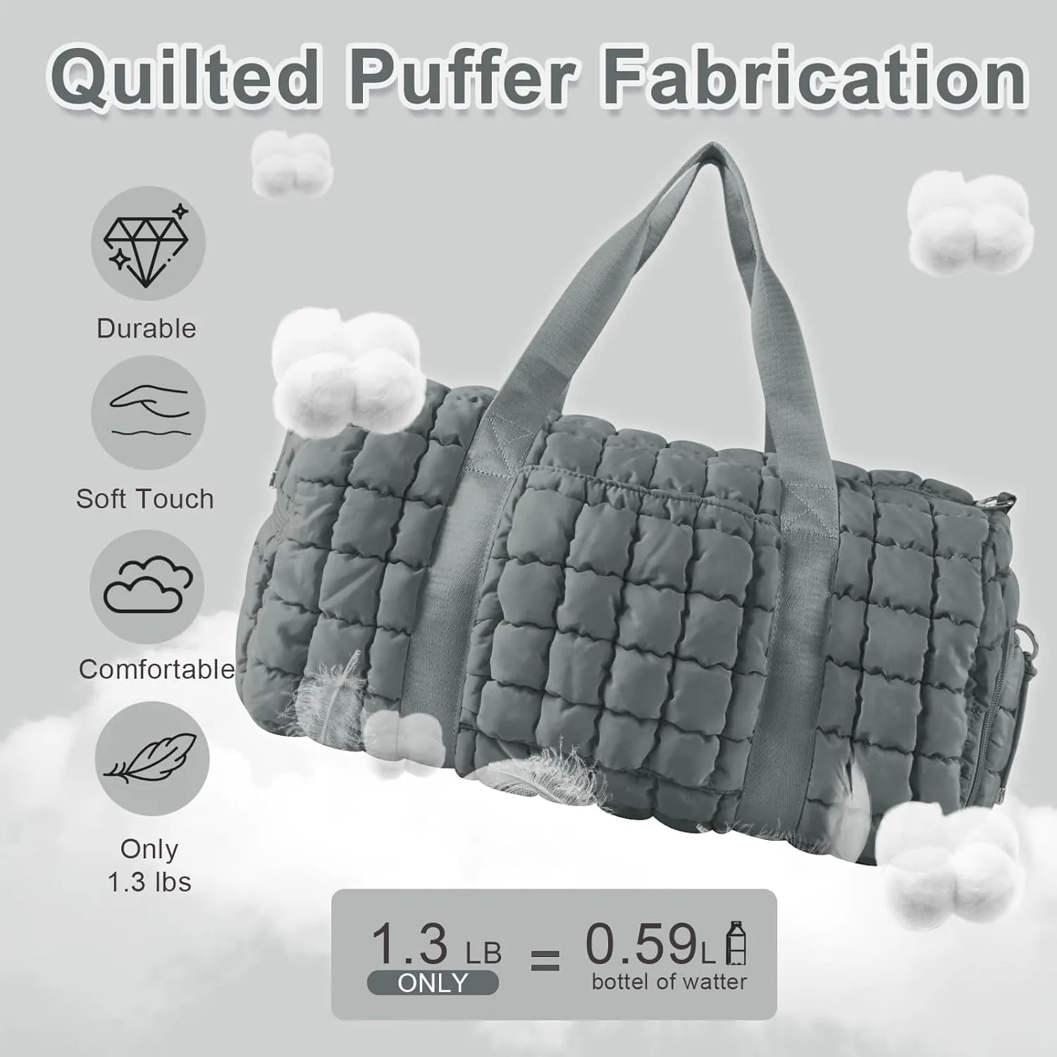 Quilted Gym Bag Duffle for Women,Duffle Bag for Travel with Shoes Compartment,Puffer Weekender Bags Overnight Carry On Bag with Trolley Sleeve for Airplanes,Personal Item Sports Duffel Dance Bag(Grey)