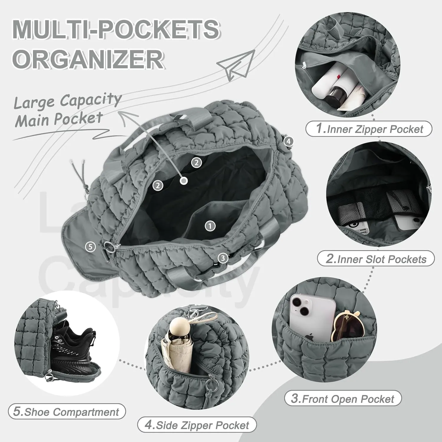 Quilted Gym Bag Duffle for Women,Duffle Bag for Travel with Shoes Compartment,Puffer Weekender Bags Overnight Carry On Bag with Trolley Sleeve for Airplanes,Personal Item Sports Duffel Dance Bag(Grey)