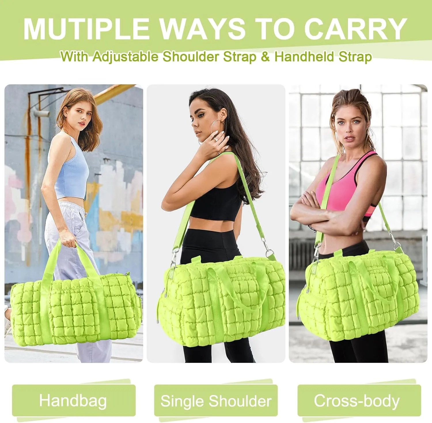 Quilted Gym Bag Duffle for Women,Duffle Bag for Travel with Shoes Compartment,Puffer Weekender Bags Overnight Carry On Bag with Trolley Sleeve,Personal Item Bag Sports Duffel Dance Bag(Light Green)