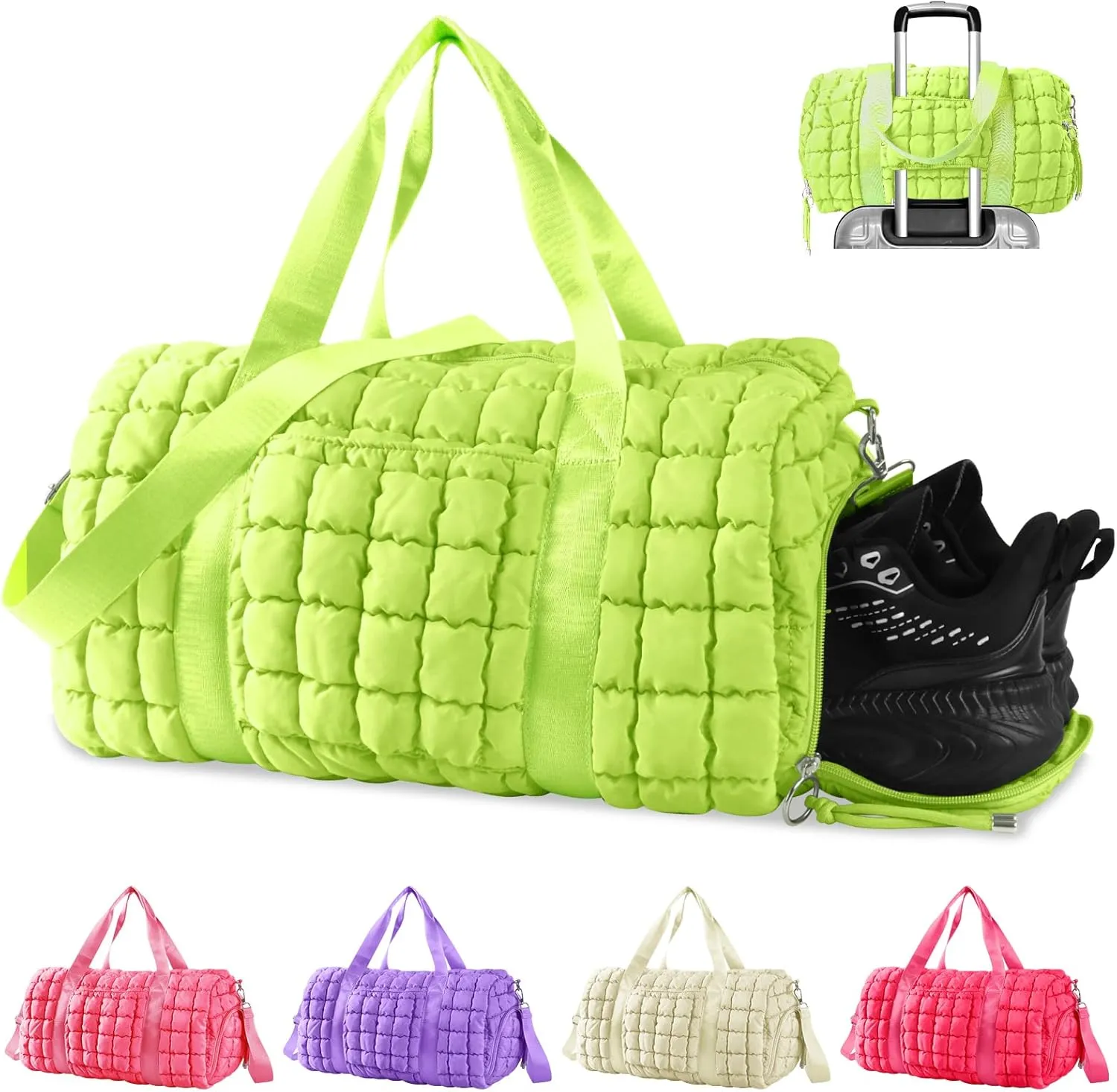 Quilted Gym Bag Duffle for Women,Duffle Bag for Travel with Shoes Compartment,Puffer Weekender Bags Overnight Carry On Bag with Trolley Sleeve,Personal Item Bag Sports Duffel Dance Bag(Light Green)