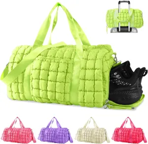 Quilted Gym Bag Duffle for Women,Duffle Bag for Travel with Shoes Compartment,Puffer Weekender Bags Overnight Carry On Bag with Trolley Sleeve,Personal Item Bag Sports Duffel Dance Bag(Light Green)