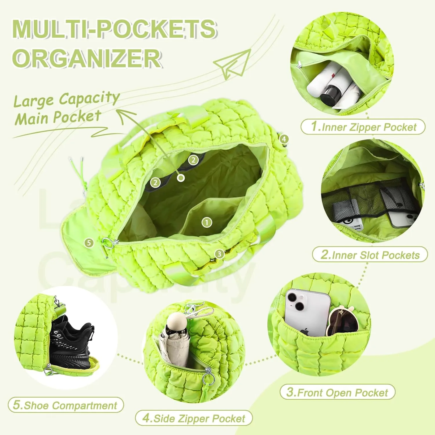 Quilted Gym Bag Duffle for Women,Duffle Bag for Travel with Shoes Compartment,Puffer Weekender Bags Overnight Carry On Bag with Trolley Sleeve,Personal Item Bag Sports Duffel Dance Bag(Light Green)