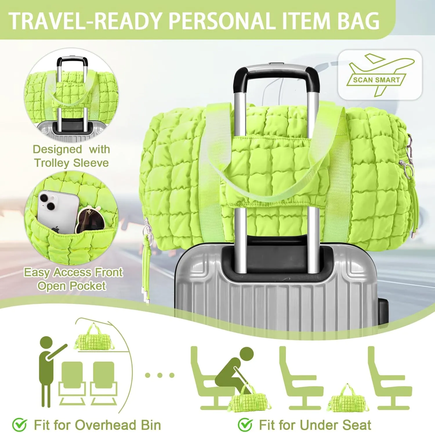 Quilted Gym Bag Duffle for Women,Duffle Bag for Travel with Shoes Compartment,Puffer Weekender Bags Overnight Carry On Bag with Trolley Sleeve,Personal Item Bag Sports Duffel Dance Bag(Light Green)