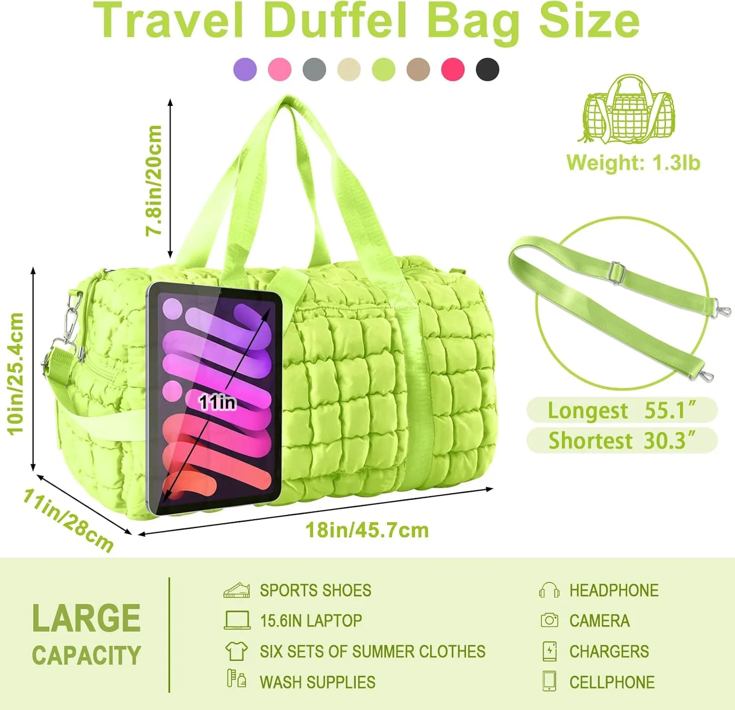 Quilted Gym Bag Duffle for Women,Duffle Bag for Travel with Shoes Compartment,Puffer Weekender Bags Overnight Carry On Bag with Trolley Sleeve,Personal Item Bag Sports Duffel Dance Bag(Light Green)