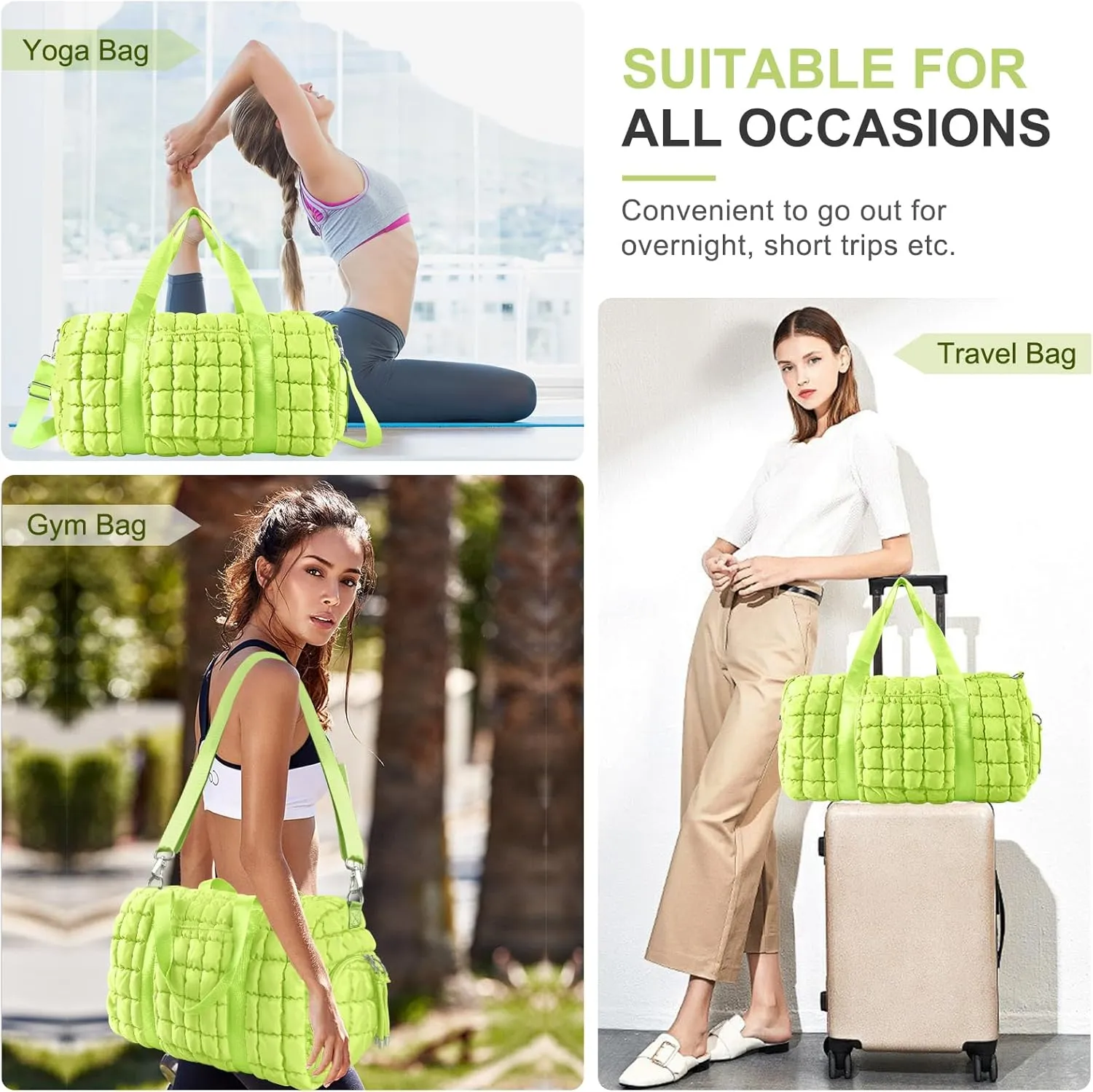 Quilted Gym Bag Duffle for Women,Duffle Bag for Travel with Shoes Compartment,Puffer Weekender Bags Overnight Carry On Bag with Trolley Sleeve,Personal Item Bag Sports Duffel Dance Bag(Light Green)