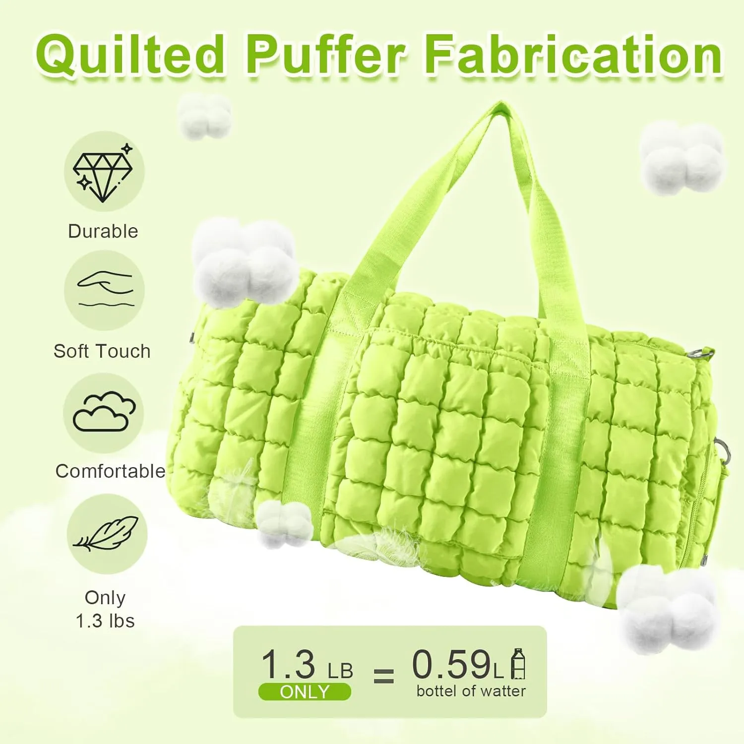 Quilted Gym Bag Duffle for Women,Duffle Bag for Travel with Shoes Compartment,Puffer Weekender Bags Overnight Carry On Bag with Trolley Sleeve,Personal Item Bag Sports Duffel Dance Bag(Light Green)