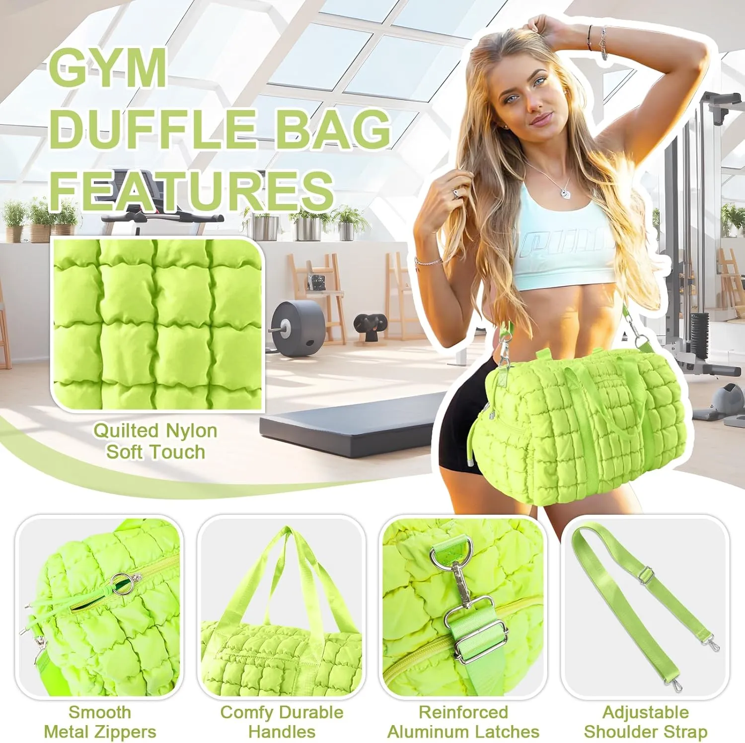 Quilted Gym Bag Duffle for Women,Duffle Bag for Travel with Shoes Compartment,Puffer Weekender Bags Overnight Carry On Bag with Trolley Sleeve,Personal Item Bag Sports Duffel Dance Bag(Light Green)