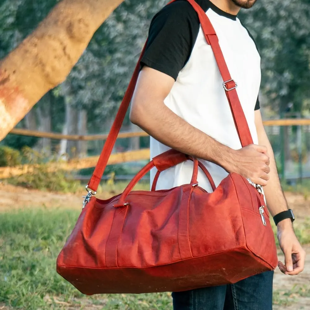 "Premium Leather Duffel Weekender Bag for Men & Women – Spacious, Durable & Stylish Travel Bag with Adjustable Shoulder Strap for Weekend Getaways & Short Trips (red long zi)