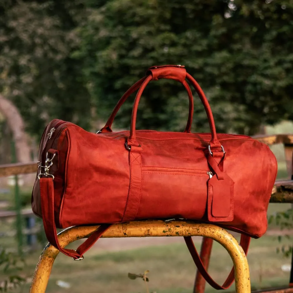 "Premium Leather Duffel Weekender Bag for Men & Women – Spacious, Durable & Stylish Travel Bag with Adjustable Shoulder Strap for Weekend Getaways & Short Trips (red long zi)