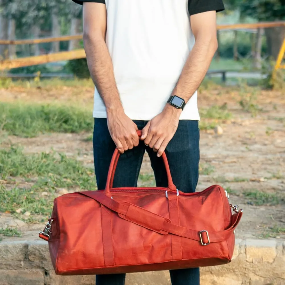 "Premium Leather Duffel Weekender Bag for Men & Women – Spacious, Durable & Stylish Travel Bag with Adjustable Shoulder Strap for Weekend Getaways & Short Trips (red long zi)