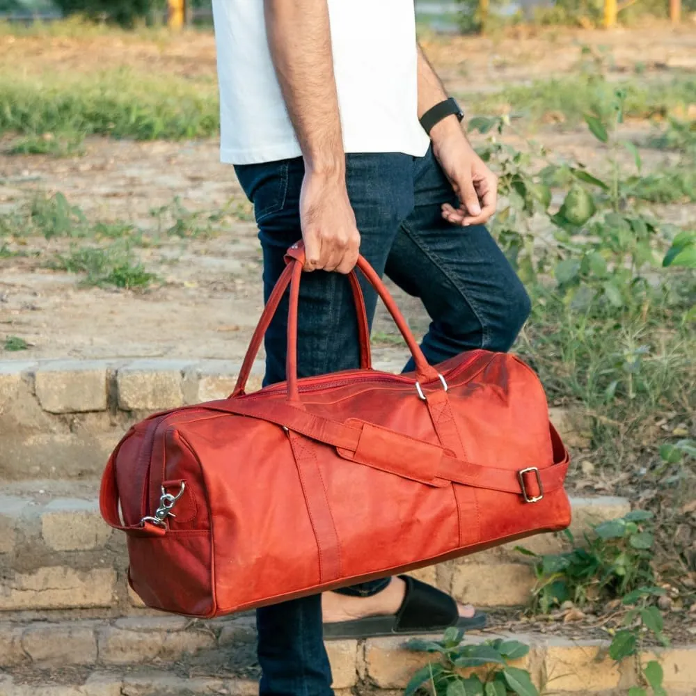 "Premium Leather Duffel Weekender Bag for Men & Women – Spacious, Durable & Stylish Travel Bag with Adjustable Shoulder Strap for Weekend Getaways & Short Trips (red long zi)