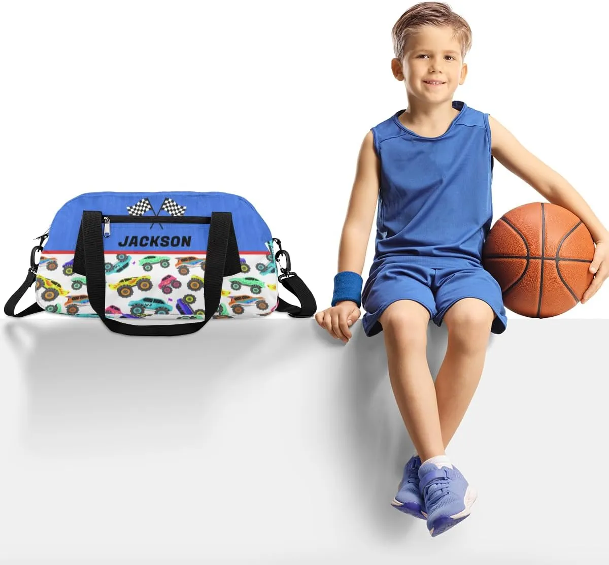 Racing Car Custom Name Kids Overnight Duffel Bags Boys Colorful Truck Personalized Sport Gym Bag Customized Duffel Bag for Travel Weekender Practice Gymnastics