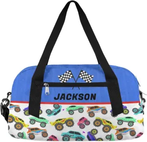 Racing Car Custom Name Kids Overnight Duffel Bags Boys Colorful Truck Personalized Sport Gym Bag Customized Duffel Bag for Travel Weekender Practice Gymnastics