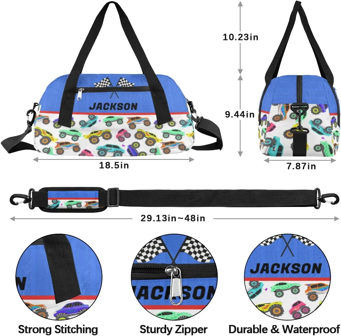 Racing Car Custom Name Kids Overnight Duffel Bags Boys Colorful Truck Personalized Sport Gym Bag Customized Duffel Bag for Travel Weekender Practice Gymnastics