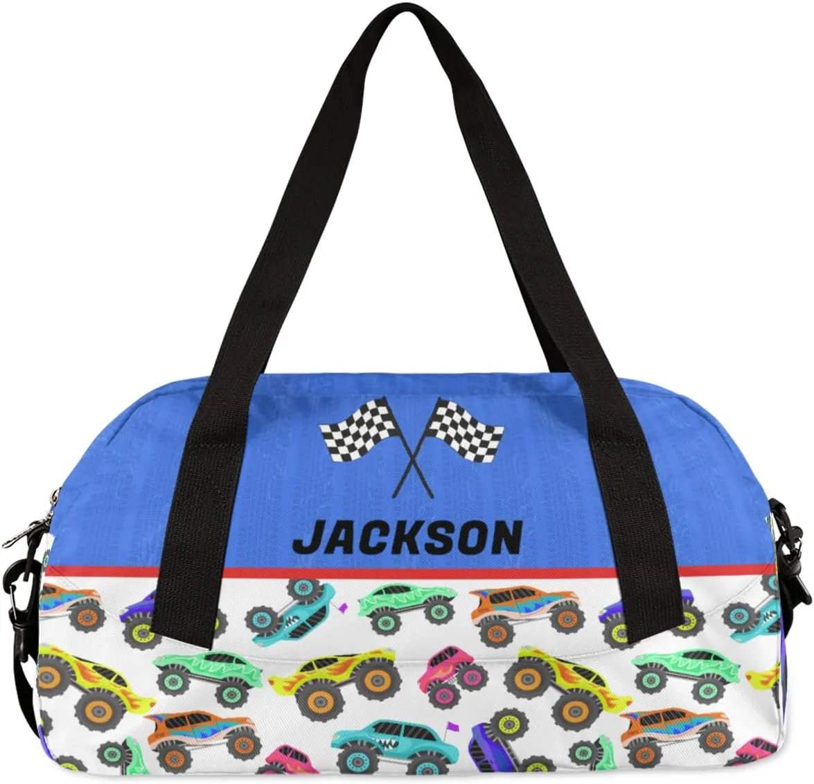 Racing Car Custom Name Kids Overnight Duffel Bags Boys Colorful Truck Personalized Sport Gym Bag Customized Duffel Bag for Travel Weekender Practice Gymnastics