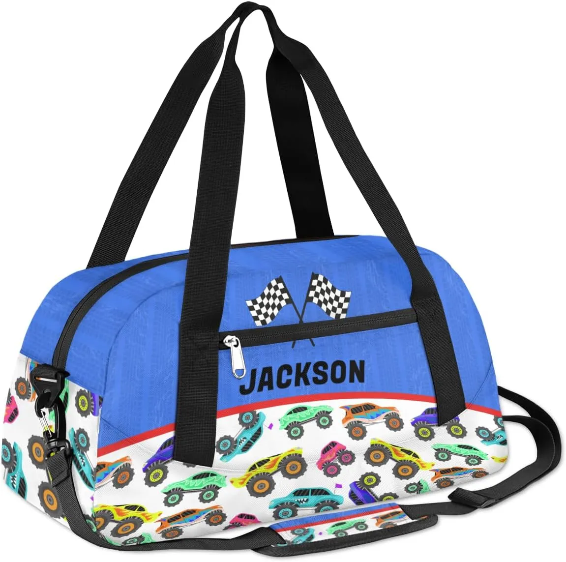 Racing Car Custom Name Kids Overnight Duffel Bags Boys Colorful Truck Personalized Sport Gym Bag Customized Duffel Bag for Travel Weekender Practice Gymnastics