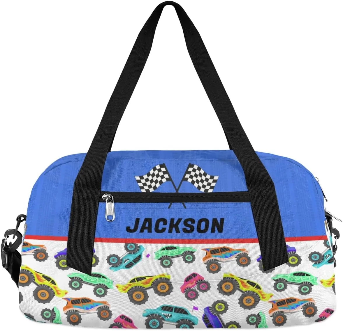 Racing Car Custom Name Kids Overnight Duffel Bags Boys Colorful Truck Personalized Sport Gym Bag Customized Duffel Bag for Travel Weekender Practice Gymnastics